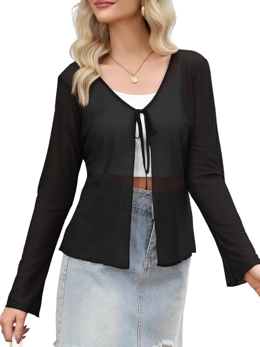 TASAMO Black Sheer Shrug Tie Front Bell Sleeve Mesh Bolero Lightweight Large